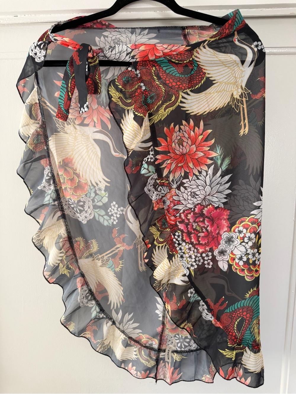 Sheer Black Floral & Crane Wrap Skirt - Lightweight Ruffled Beach Cover
